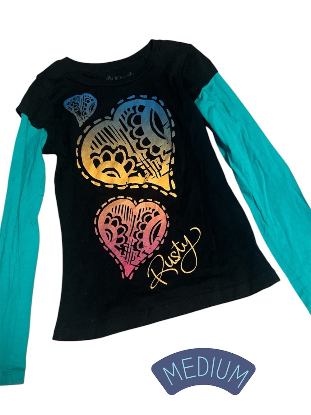 Rusty Black Tee with Teal Long Sleeves and Gradient Heart Graphic